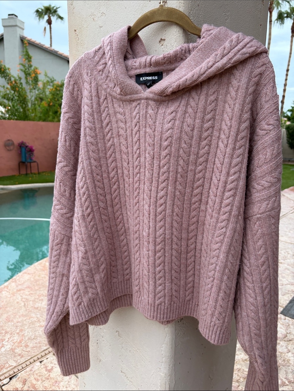 Express Women's Cable Knit Hooded Sweater - Dusty Rose Pink